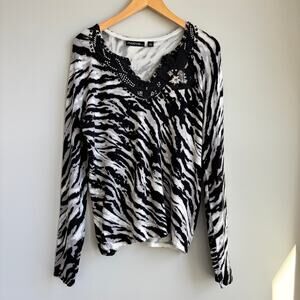 Motive Zebra Print Sweater L Embellished Beaded V Neck Y2K Mom Glam Whimsigoth